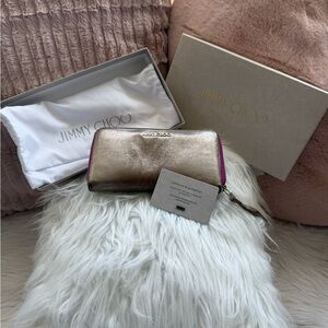 Jimmy Choo Metallic Gold Zip Wallet with Pink Zip Trim with Box, Dustbag, & COA.